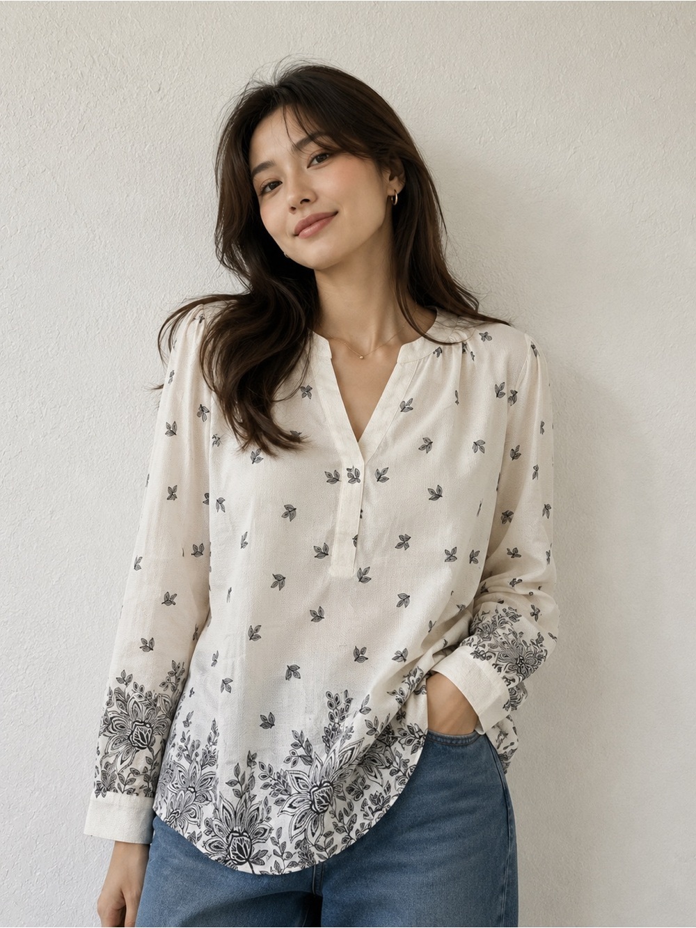 Maurices Cream Blouse with Black Floral Border